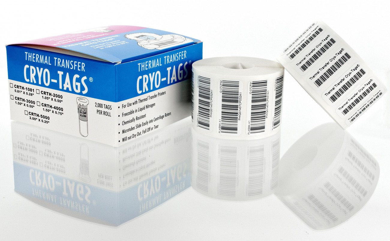 Thermal Transfer Cryo-Tags, 3 inch core, 1.28 x 0.50 inches, 4000 per roll