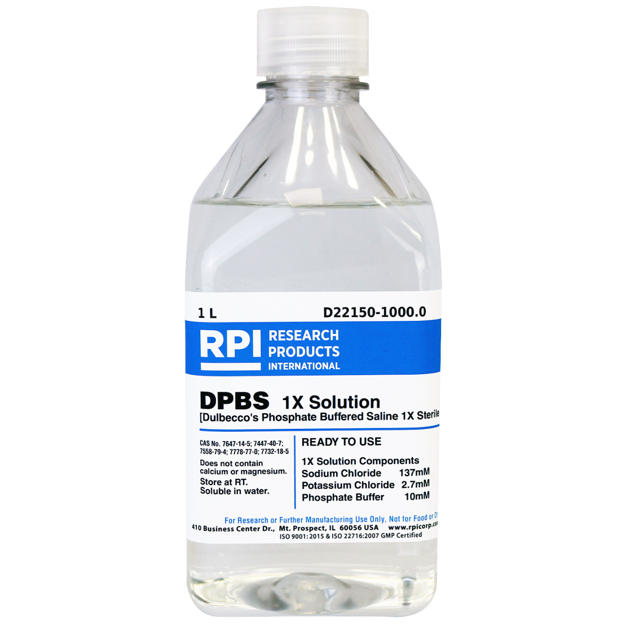DPBS 1X Solution [Dulbecco's Phosphate Buffered Saline 1X Sterile Solution], 1 Liter