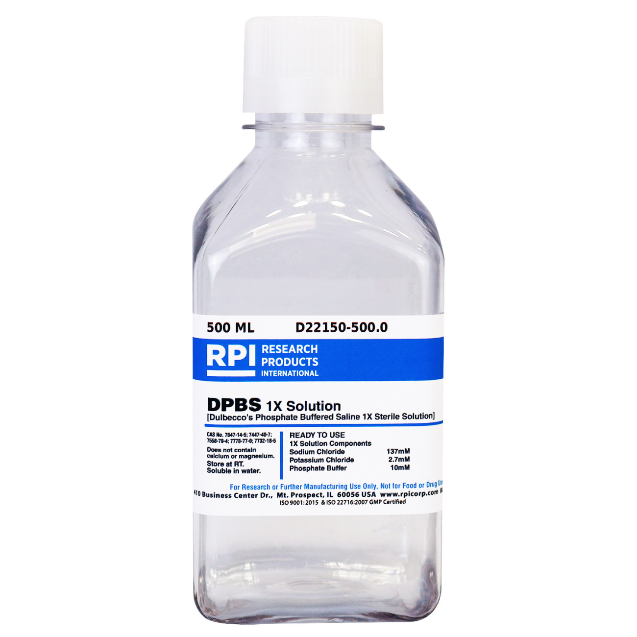 DPBS 1X Solution [Dulbecco's Phosphate Buffered Saline 1X Sterile Solution], 500 Milliliters