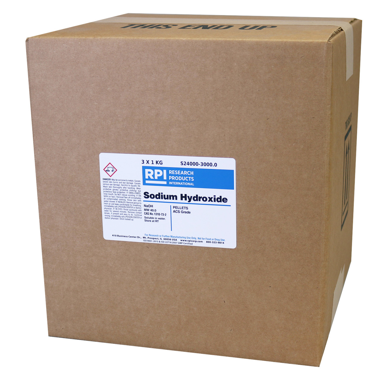 Sodium Hydroxide Pellets, ACS Grade, Packed 3 by 1 Kilogram Bottles