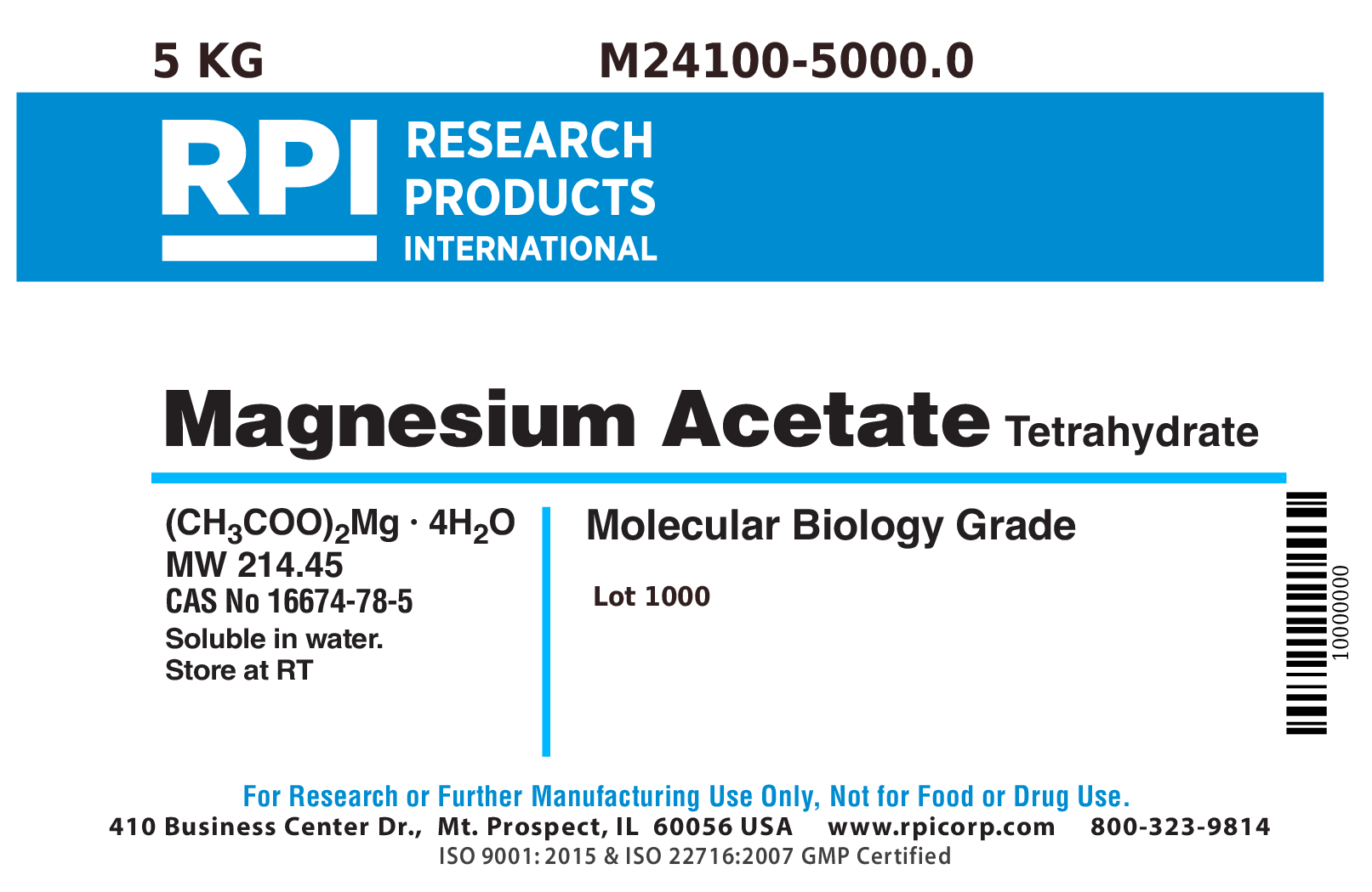 M241005000.0 Magnesium Acetate Tetrahydrate, 5 Kilograms