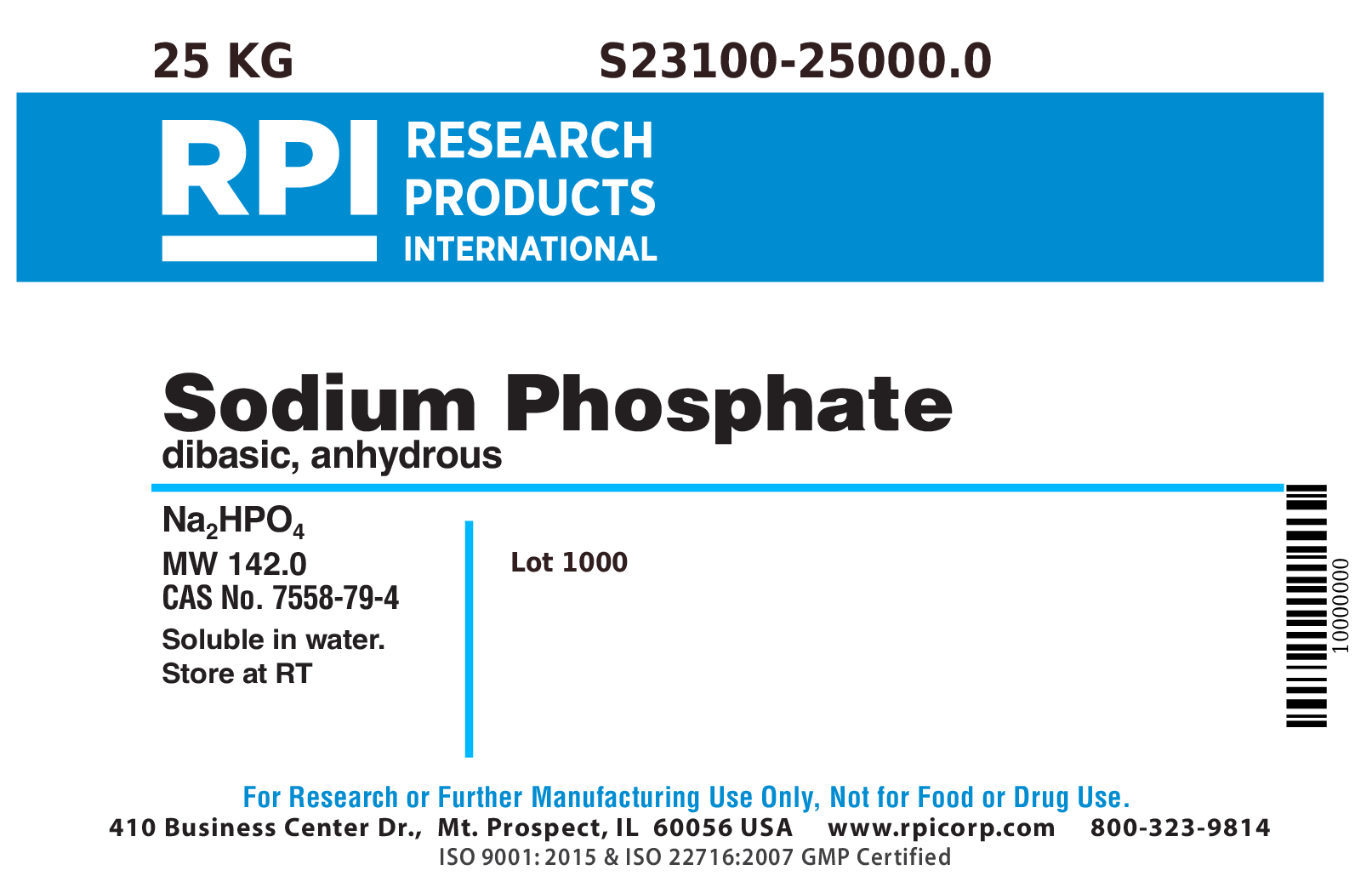 S23100-25000.0 - Sodium Phosphate Dibasic, Anhydrous, 25 Kilograms