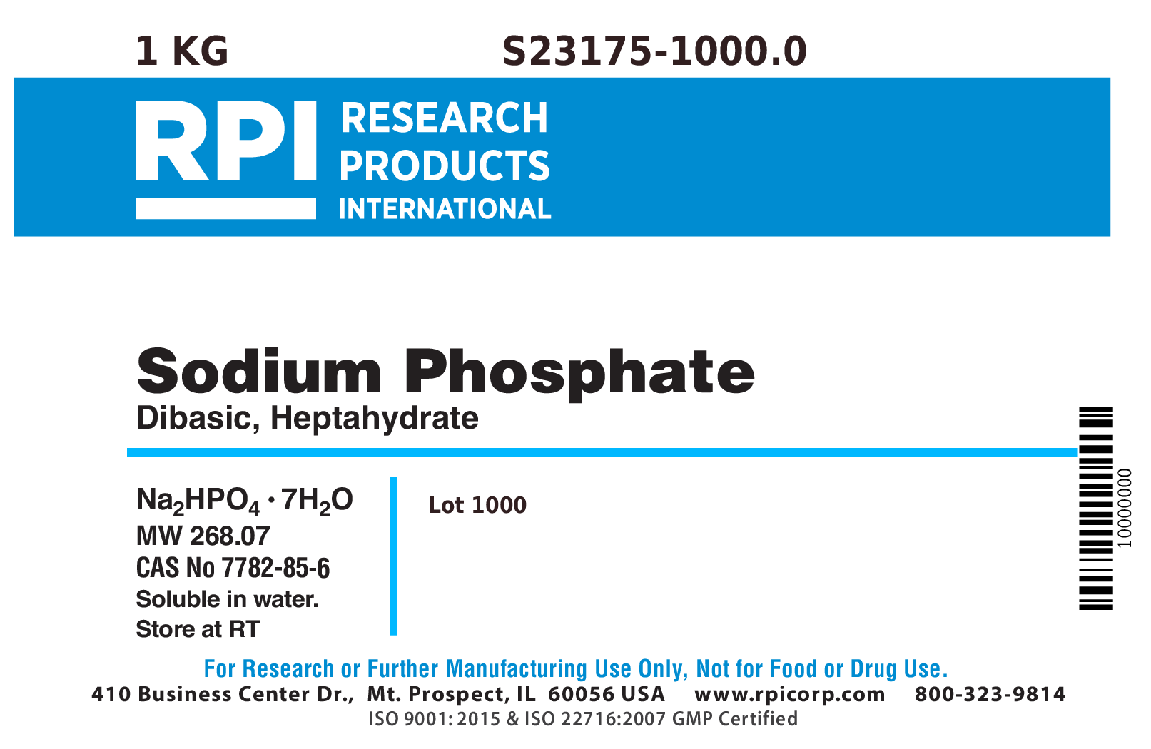 S23175-1000.0 - Sodium Phosphate Dibasic Heptahydrate, 1 Kilogram