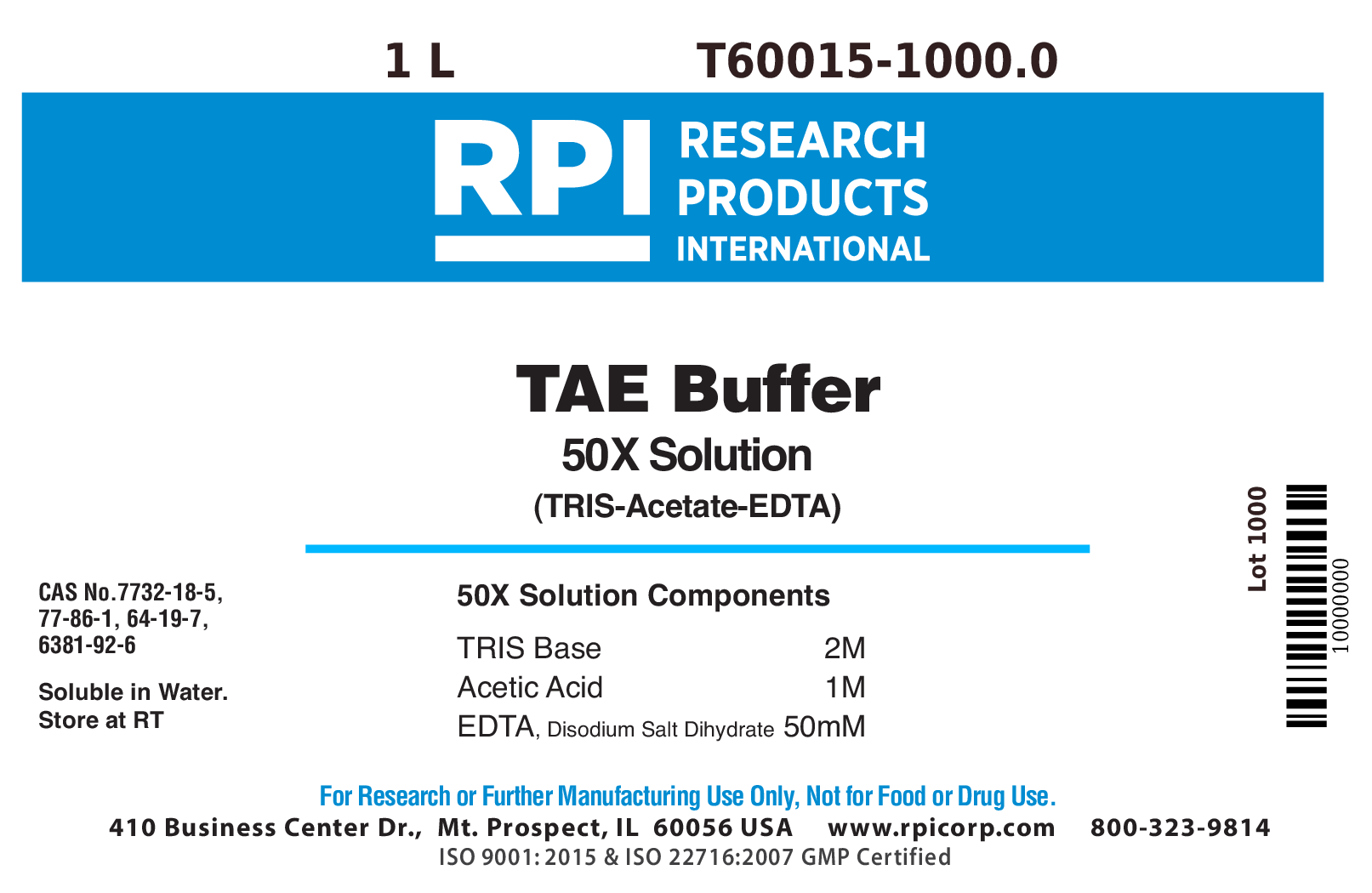 T60015-1000.0 - TAE 50X Buffer [TRIS Acetate EDTA 50X Solution], 1 Liter