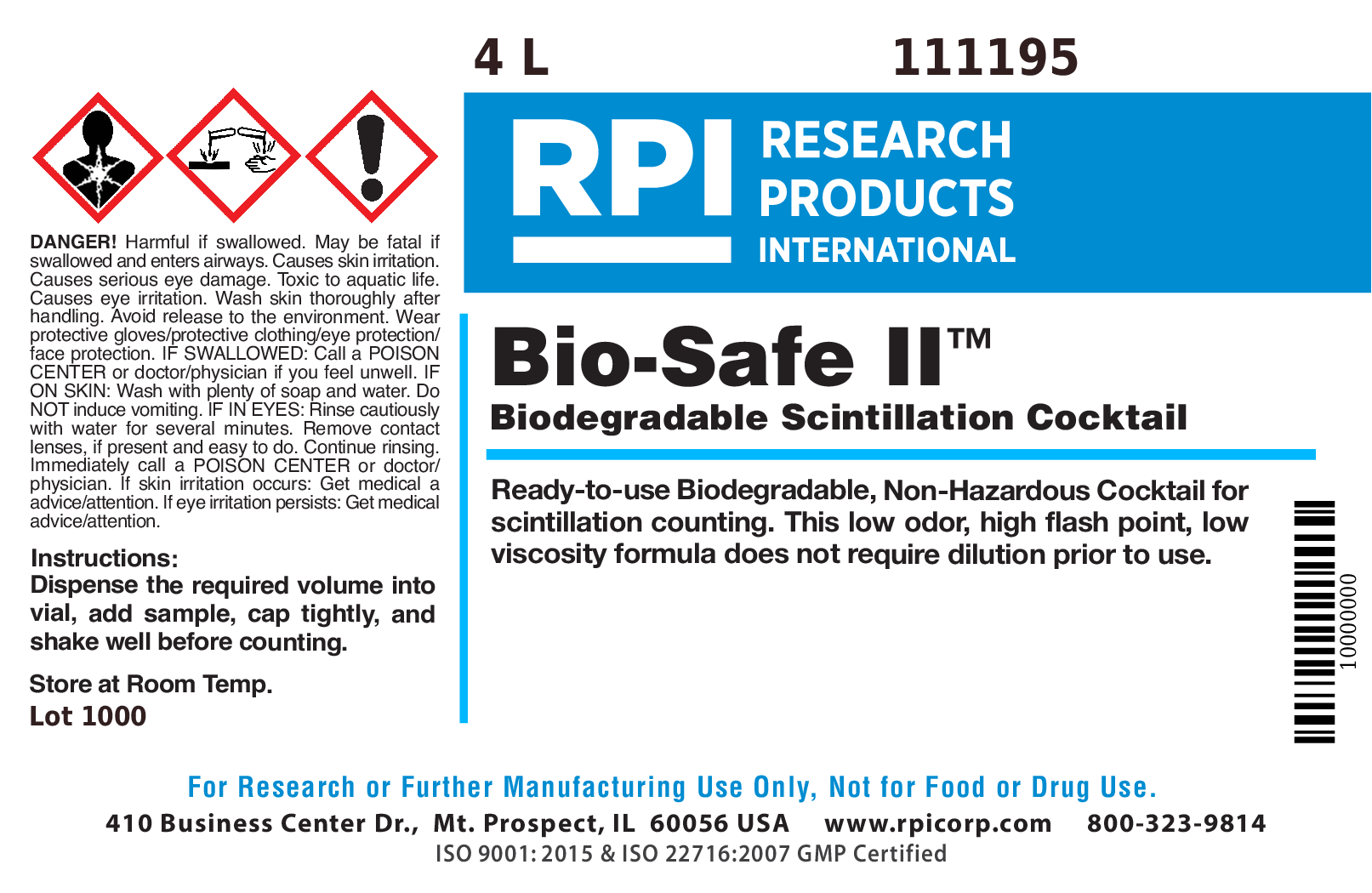 111195 BioSafe II Complete Counting Cocktail, 4 Liters