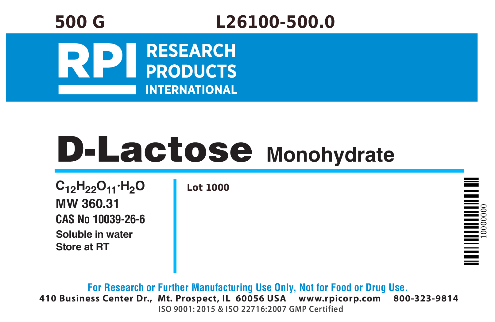 L26100500.0 DLactose Monohydrate, 500 Grams