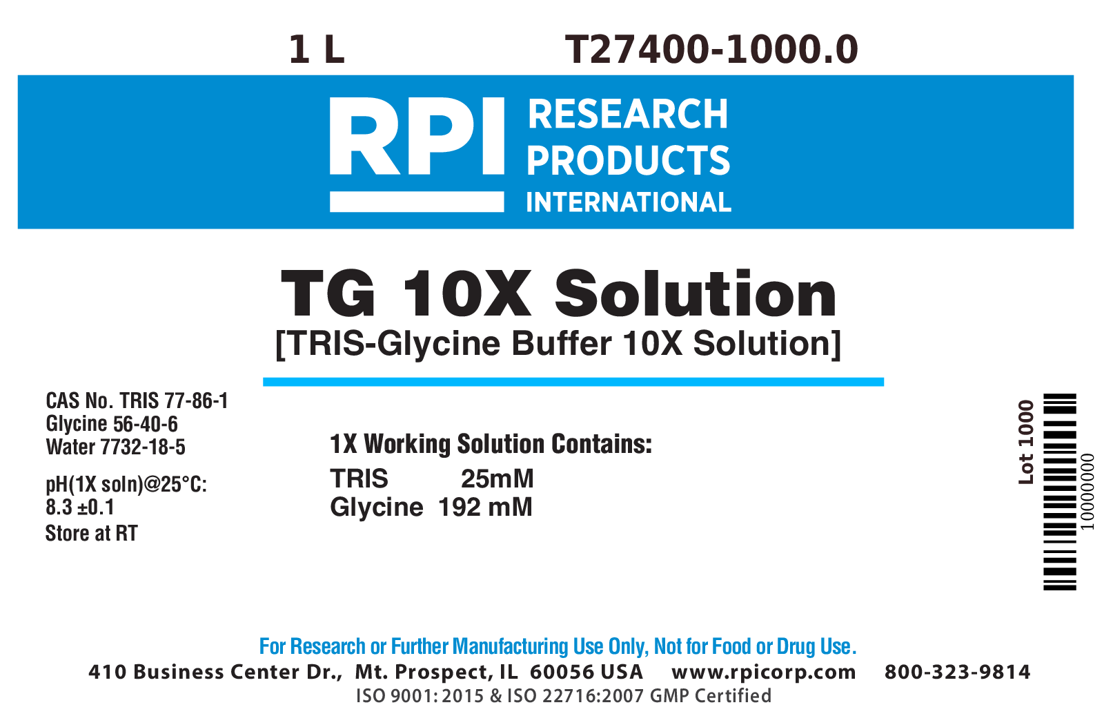 T27400-1000.0 - TG 10X Solution [TRIS-Glycine Buffer 10X Solution], 1 Liter