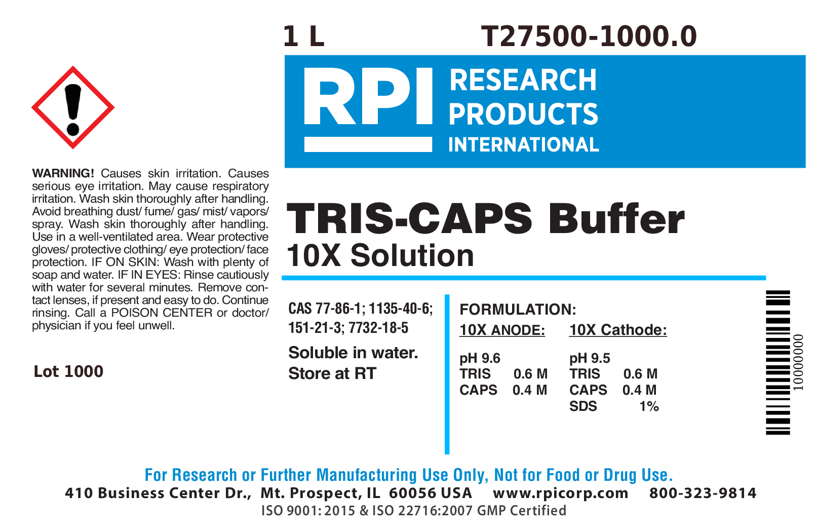 T275001000.0 TRISCAPS Buffer 10X Solution, 2 x 500 Milliliter Bottles