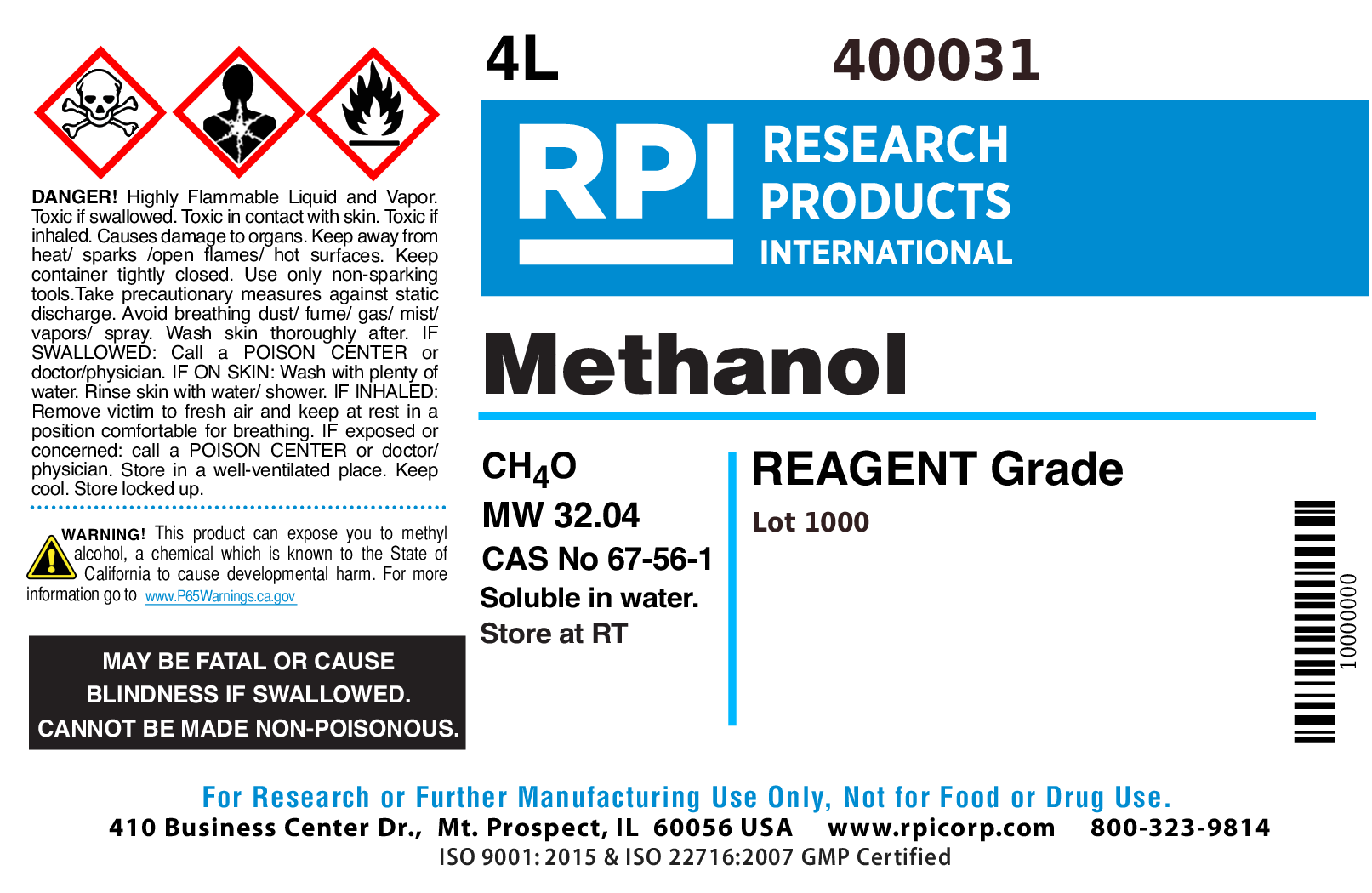 400031 - Methanol [Reagent Grade], 4 Liters