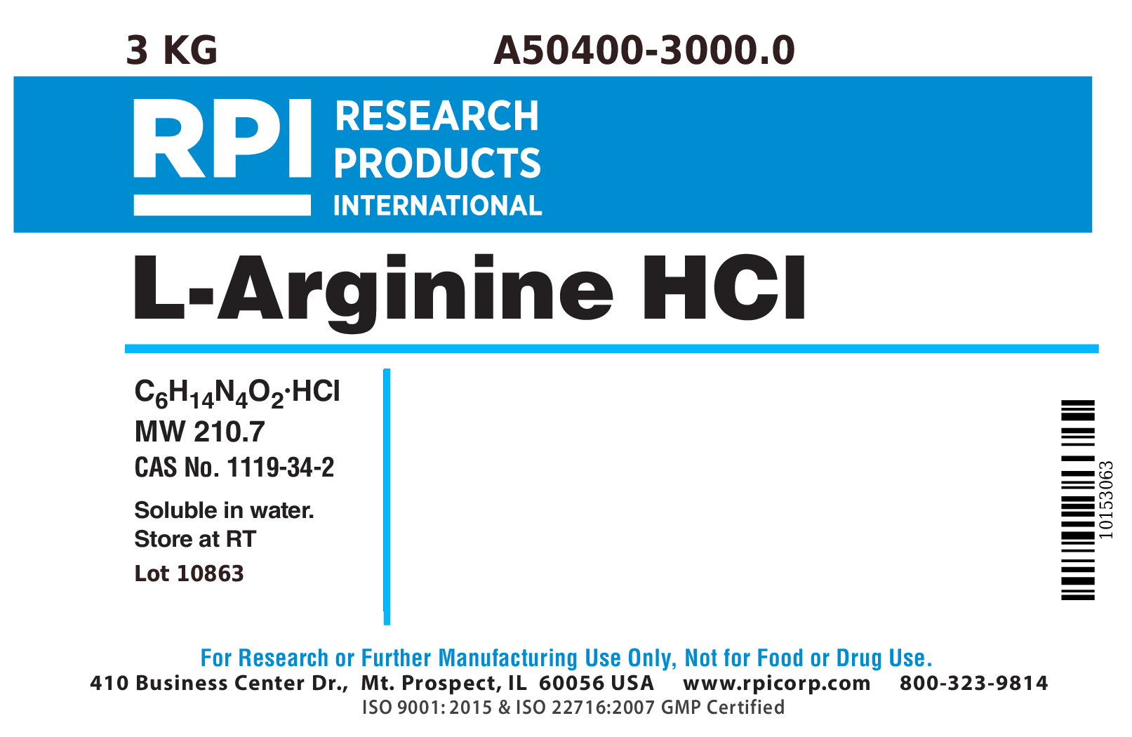 A504003000.0 LArginine Monohydrochloride, 3 Kilograms