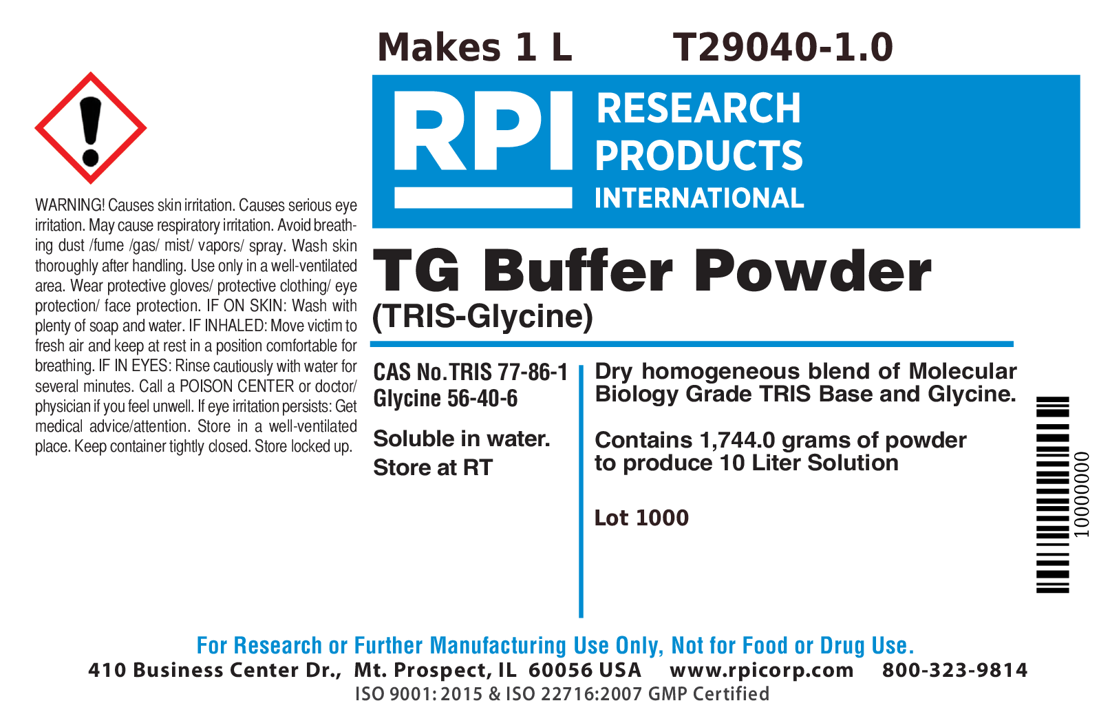 Label Buffer T29040-1.0 - Tris-Glycine Buffer 10x Powder, 1 Liter
