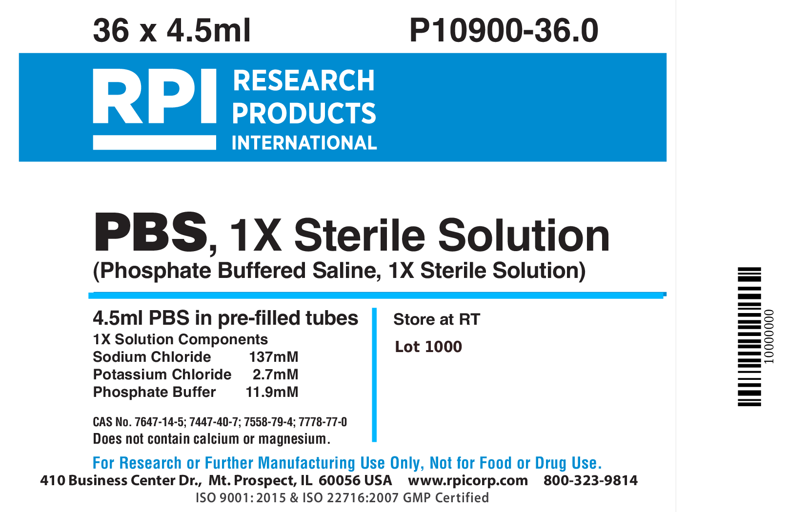 P1090036.0 PBS [Phosphate Buffered Saline], 1X Solution, 4.5ml Pre