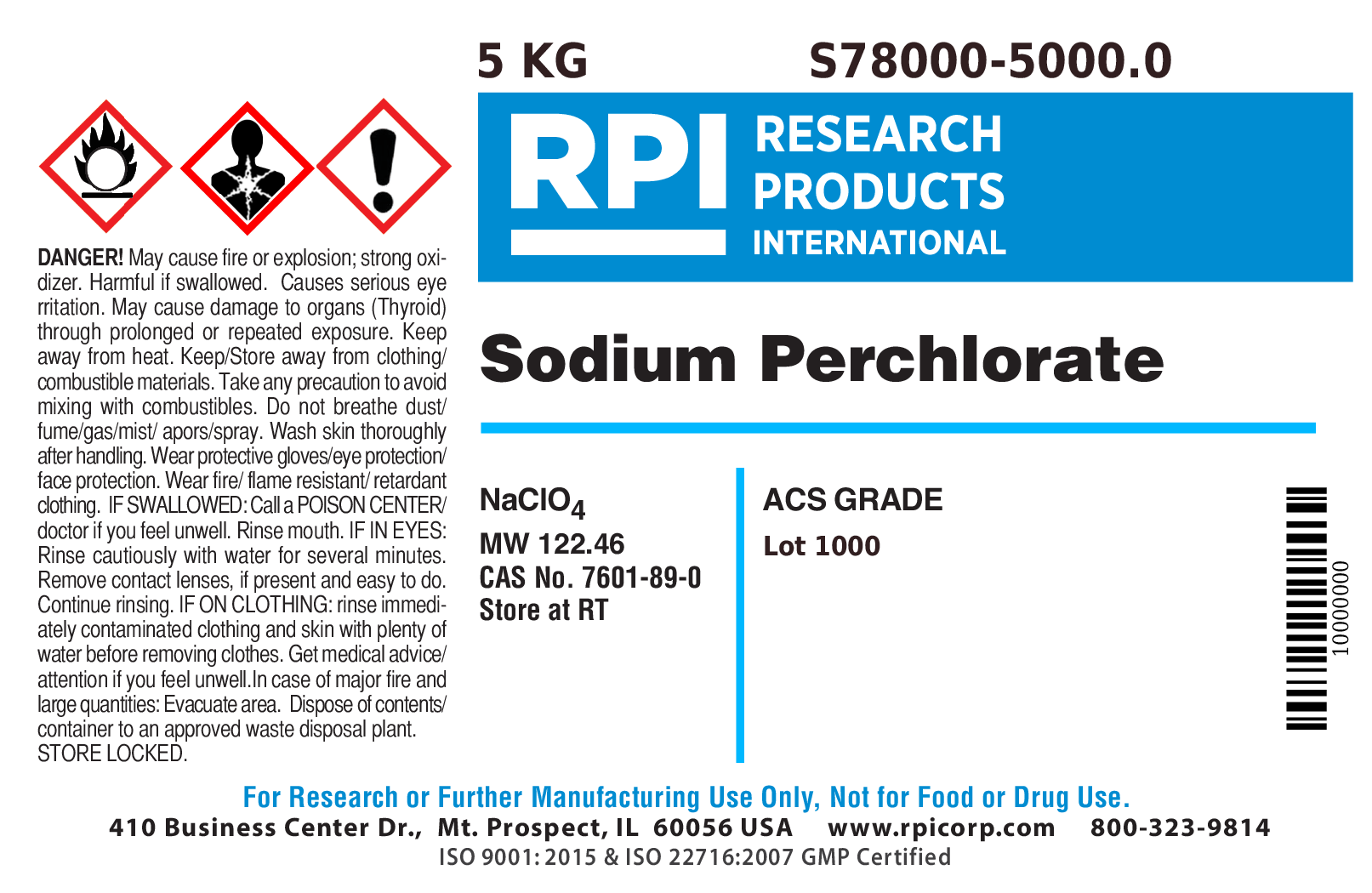 S780005000.0 Sodium Perchlorate, ACS Grade, 5 Kilograms