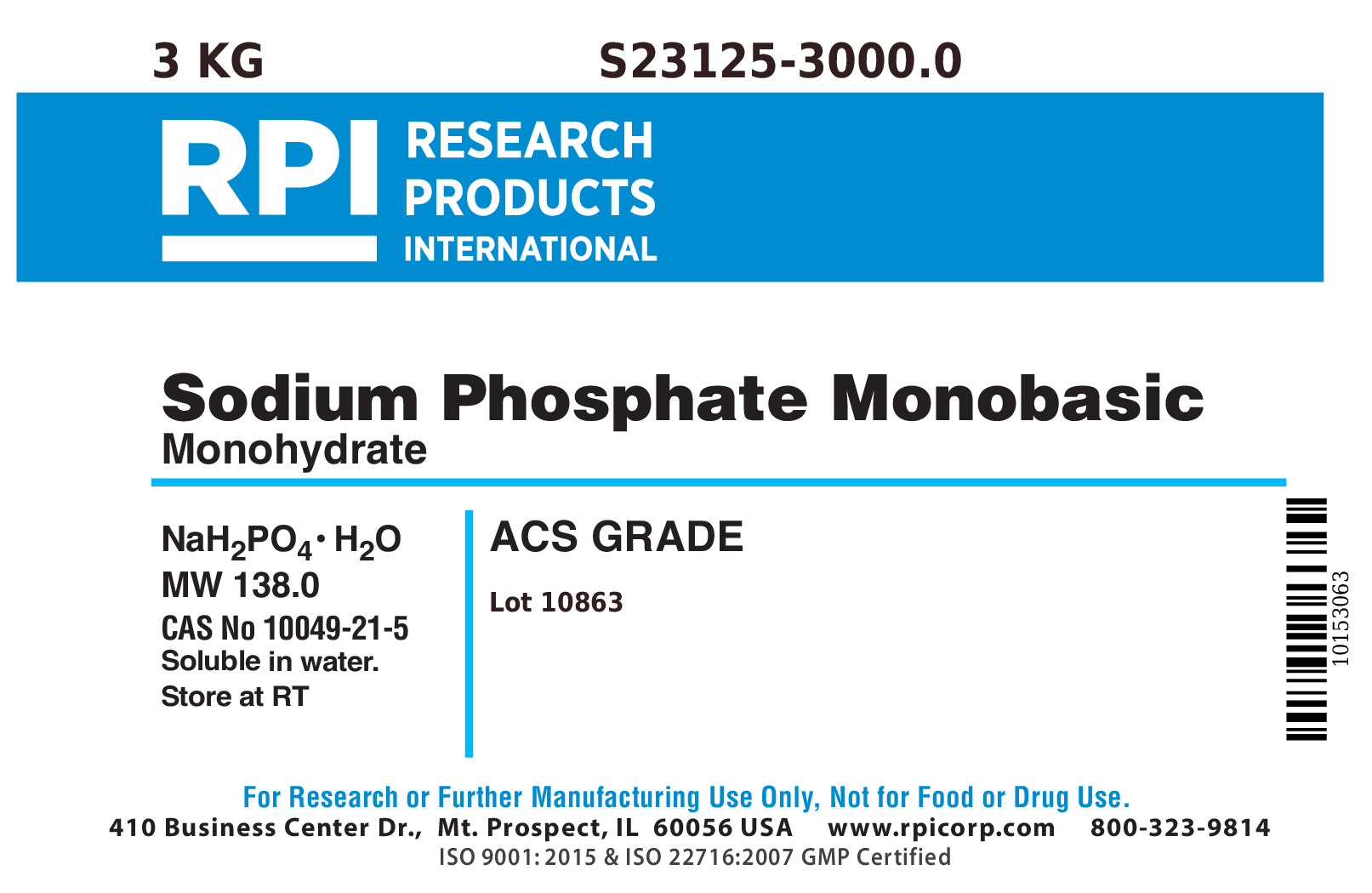 S23125-3000.0 - Sodium Phosphate Monobasic, Monohydrate, ACS Grade, 3 ...