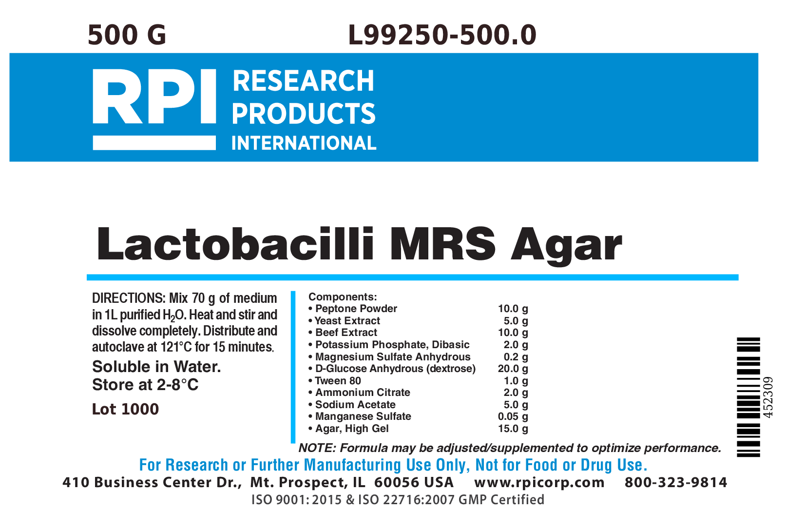 Lactobacilli MRS Agar, 500 Grams