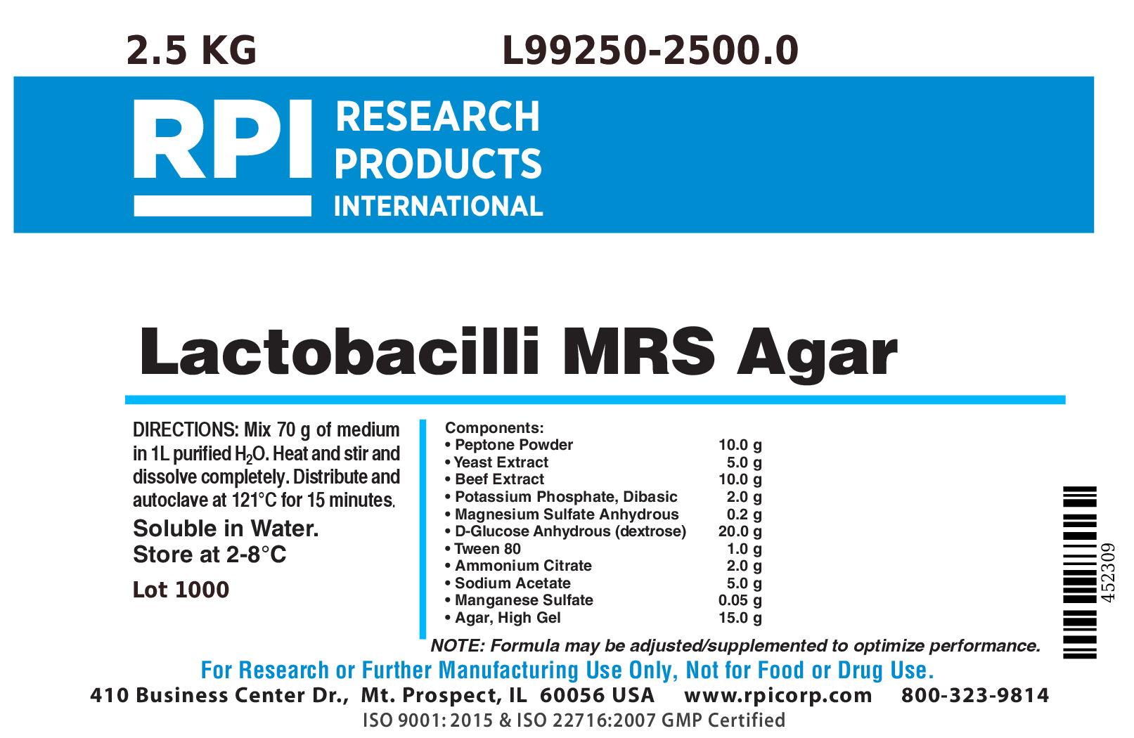 Lactobacilli MRS Agar, 2.5 Kilograms